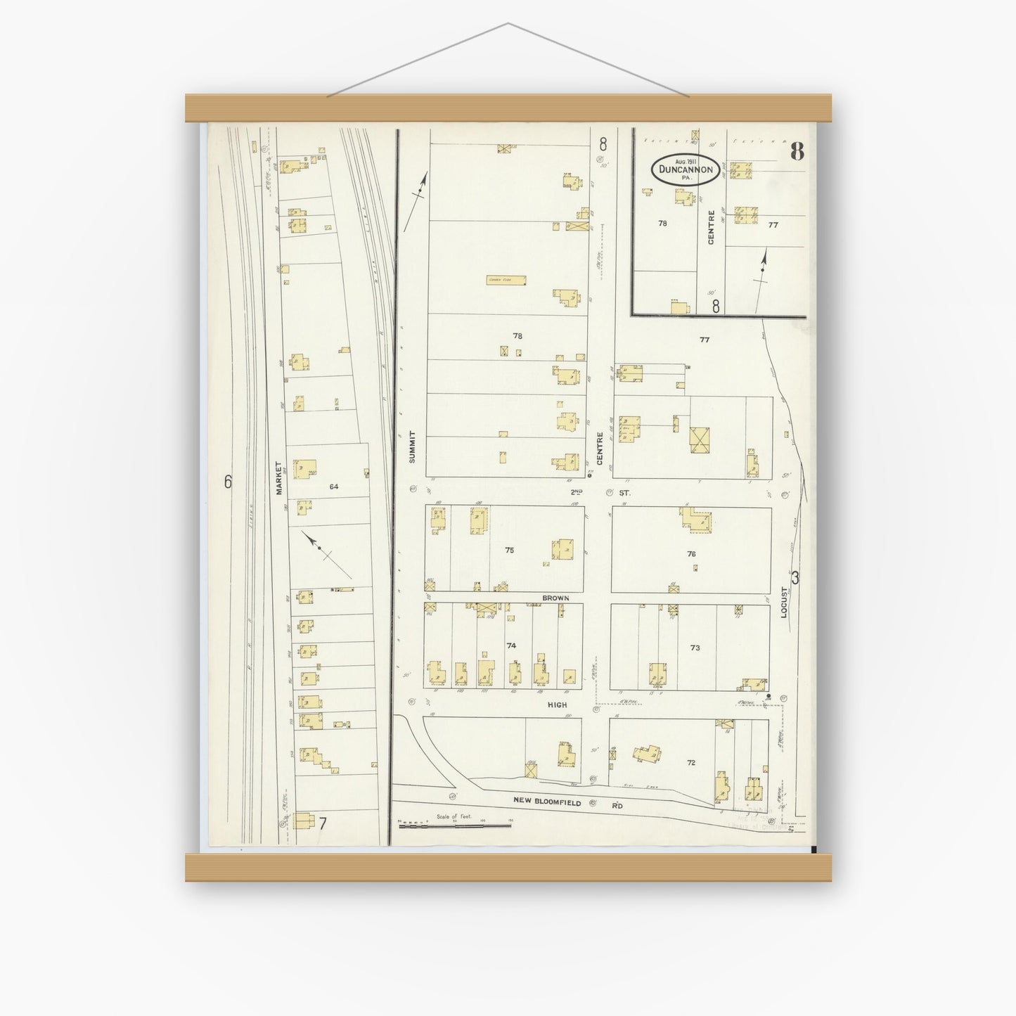 Old map wall art mockup — magnetic wood frame on white wall — Sanborn Fire Insurance Map from Duncannon, Perry County, Pennsylvania (1911), Sheet #0008