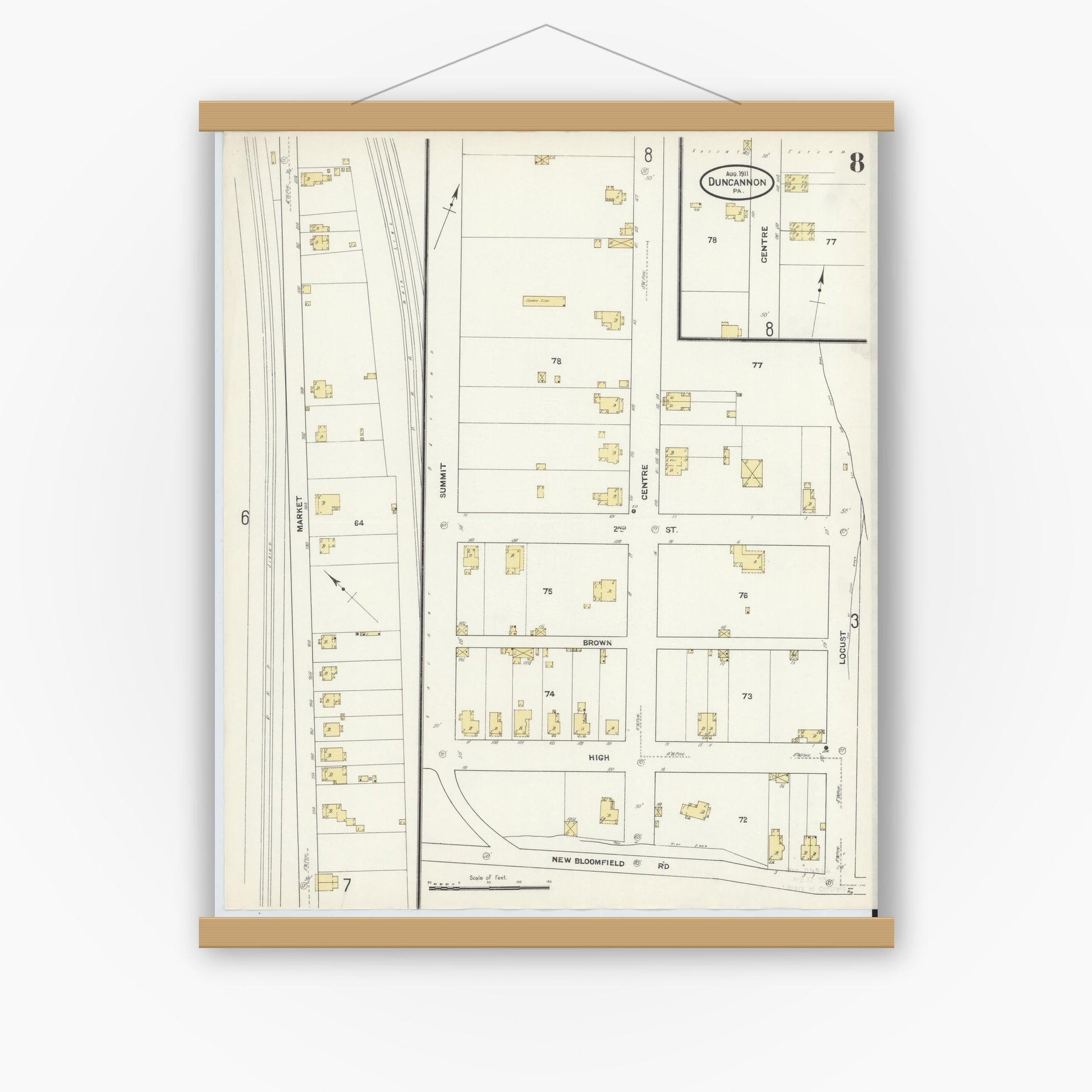 Old map wall art mockup — magnetic wood frame on white wall — Sanborn Fire Insurance Map from Duncannon, Perry County, Pennsylvania (1911), Sheet #0008
