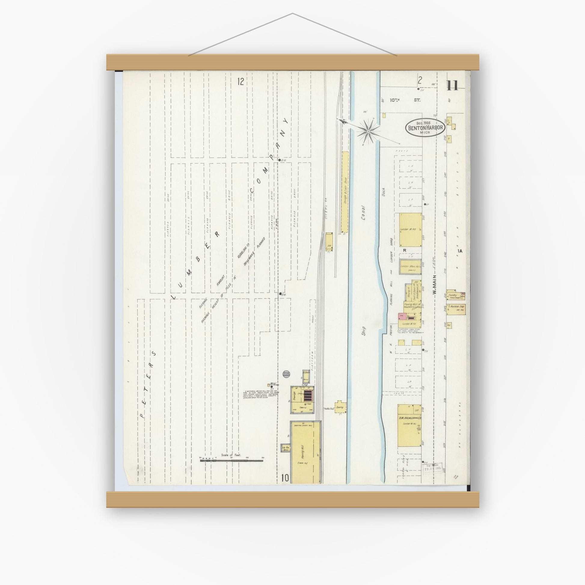 Old map wall art mockup — magnetic wood frame on white wall — Sanborn Fire Insurance Map from Benton Harbor, Berrien County, Michigan (1905), Sheet #0011