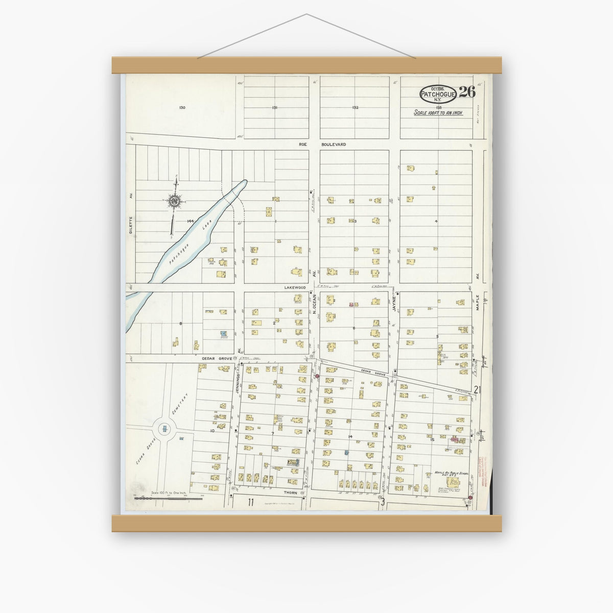 Old map wall art mockup — magnetic wood frame on white wall — Sanborn Fire Insurance Map from Patchogue, Suffolk County, New York (1916), Sheet #0026