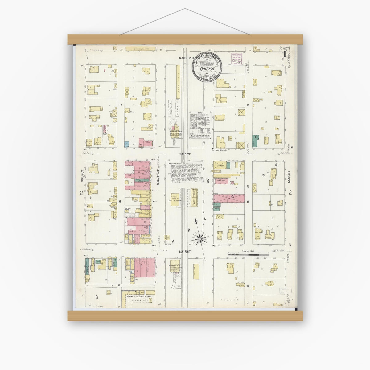 Old map wall art mockup — magnetic wood frame on white wall — Sanborn Fire Insurance Map from Onarga, Iroquois County, Illinois (1907), Sheet #0001