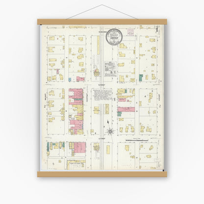 Old map wall art mockup — magnetic wood frame on white wall — Sanborn Fire Insurance Map from Onarga, Iroquois County, Illinois (1907), Sheet #0001