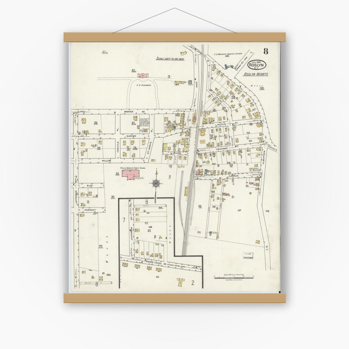 Old map wall art mockup — magnetic wood frame on white wall — Sanborn Fire Insurance Map from Roslyn, Nassau County, New York (1920), Sheet #0008