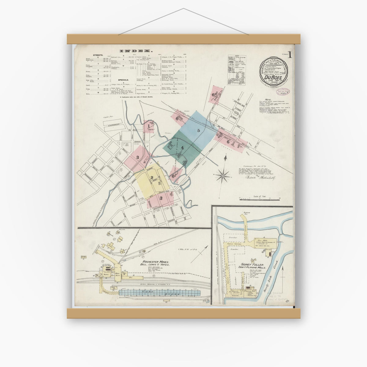 Old map wall art mockup — magnetic wood frame on white wall — Sanborn Fire Insurance Map from Du Bois, Clearfield County, Pennsylvania (1887) - Complete Map Set