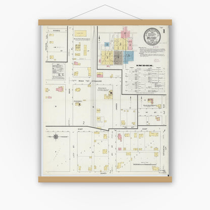 Old map wall art mockup — magnetic wood frame on white wall — Sanborn Fire Insurance Map from Milford, Kosciusko County, Indiana (1910) - Complete Map Set