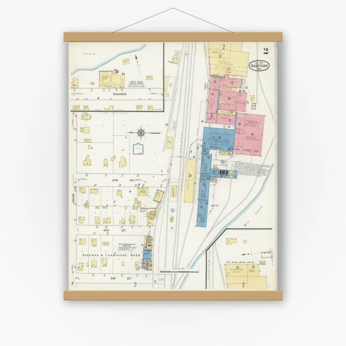 Old map wall art mockup — magnetic wood frame on white wall — Sanborn Fire Insurance Map from Hartford, Washington County, Wisconsin (1913), Sheet #0002