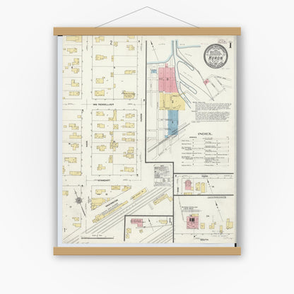 Old map wall art mockup — magnetic wood frame on white wall — Sanborn Fire Insurance Map from Huron, Erie County, Ohio (1910), Sheet #0001
