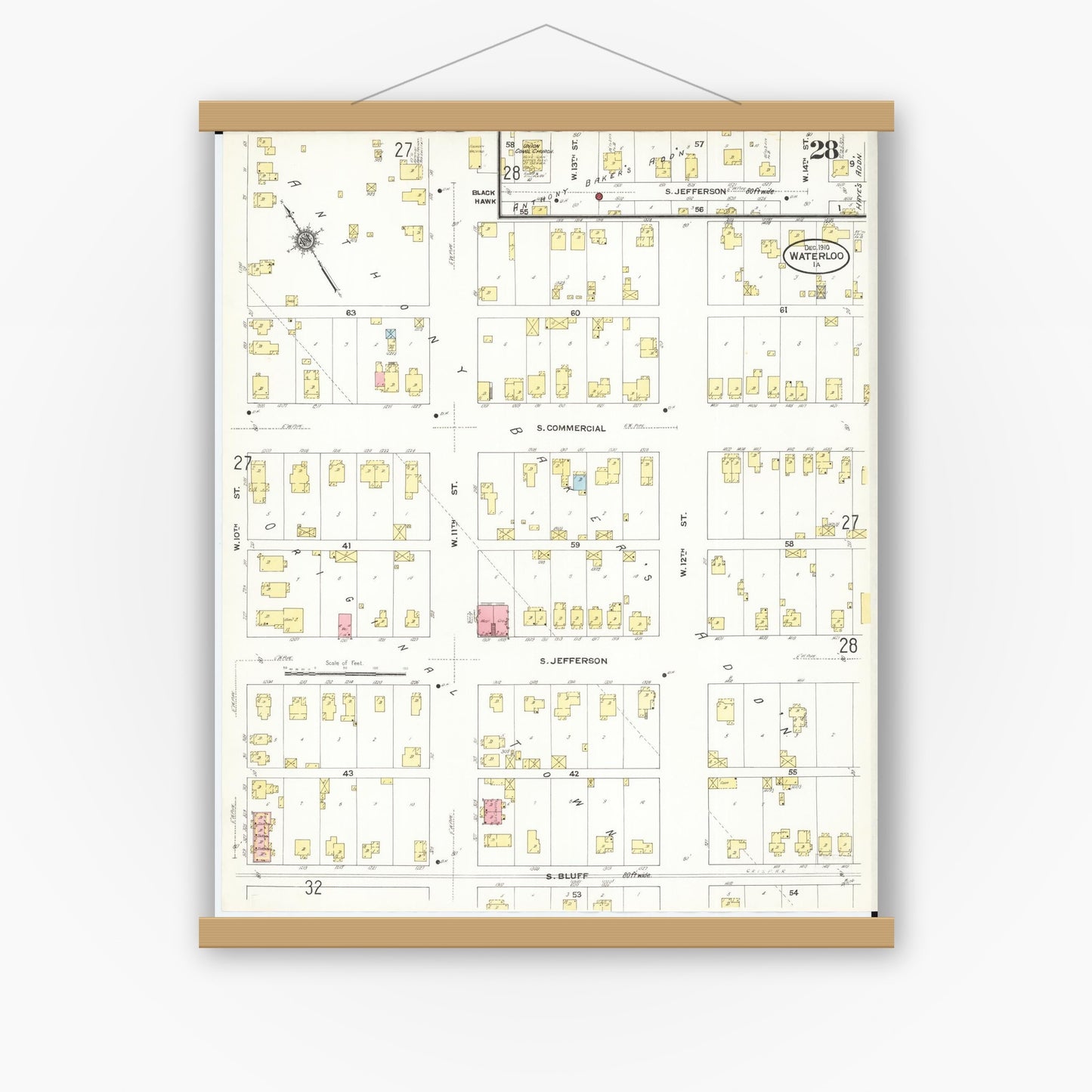 Old map wall art mockup — magnetic wood frame on white wall — Sanborn Fire Insurance Map from Waterloo, Black Hawk County, Iowa (1910), Sheet #0028