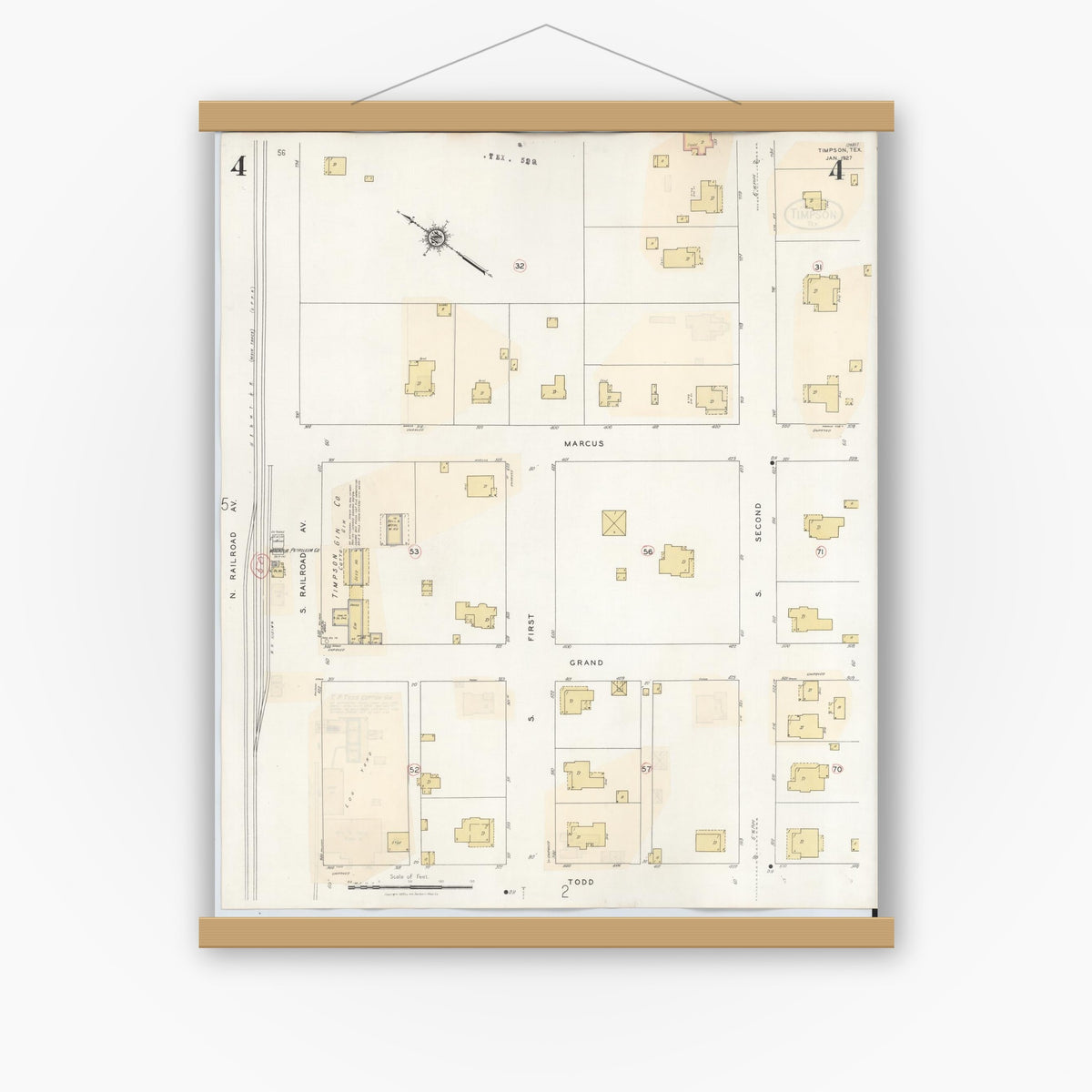 Old map wall art mockup — magnetic wood frame on white wall — Sanborn Fire Insurance Map from Timpson, Shelby County, Texas (1941), Sheet #0004