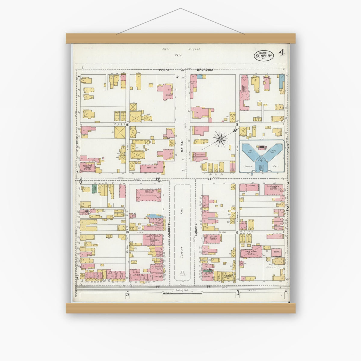 Old map wall art mockup — magnetic wood frame on white wall — Sanborn Fire Insurance Map from Sunbury, Northumberland County, Pennsylvania (1901), Sheet #0004
