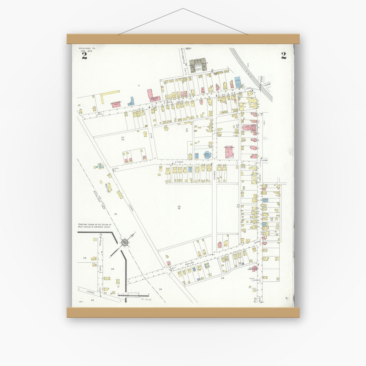 Old map wall art mockup — magnetic wood frame on white wall — Sanborn Fire Insurance Map from Richland, Lebanon County, Pennsylvania (1939), Sheet #0002