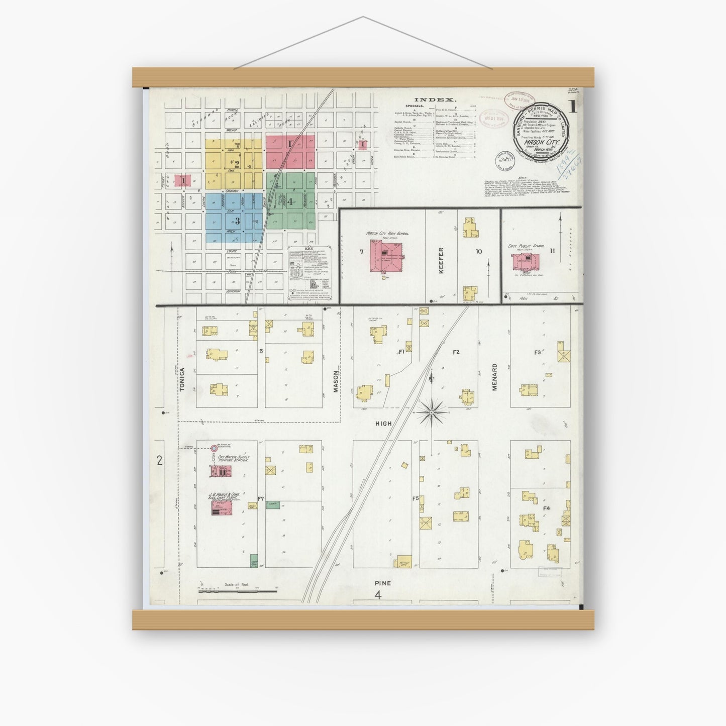Old map wall art mockup — magnetic wood frame on white wall — Sanborn Fire Insurance Map from Mason City, Mason County, Illinois (1899), Sheet #0001