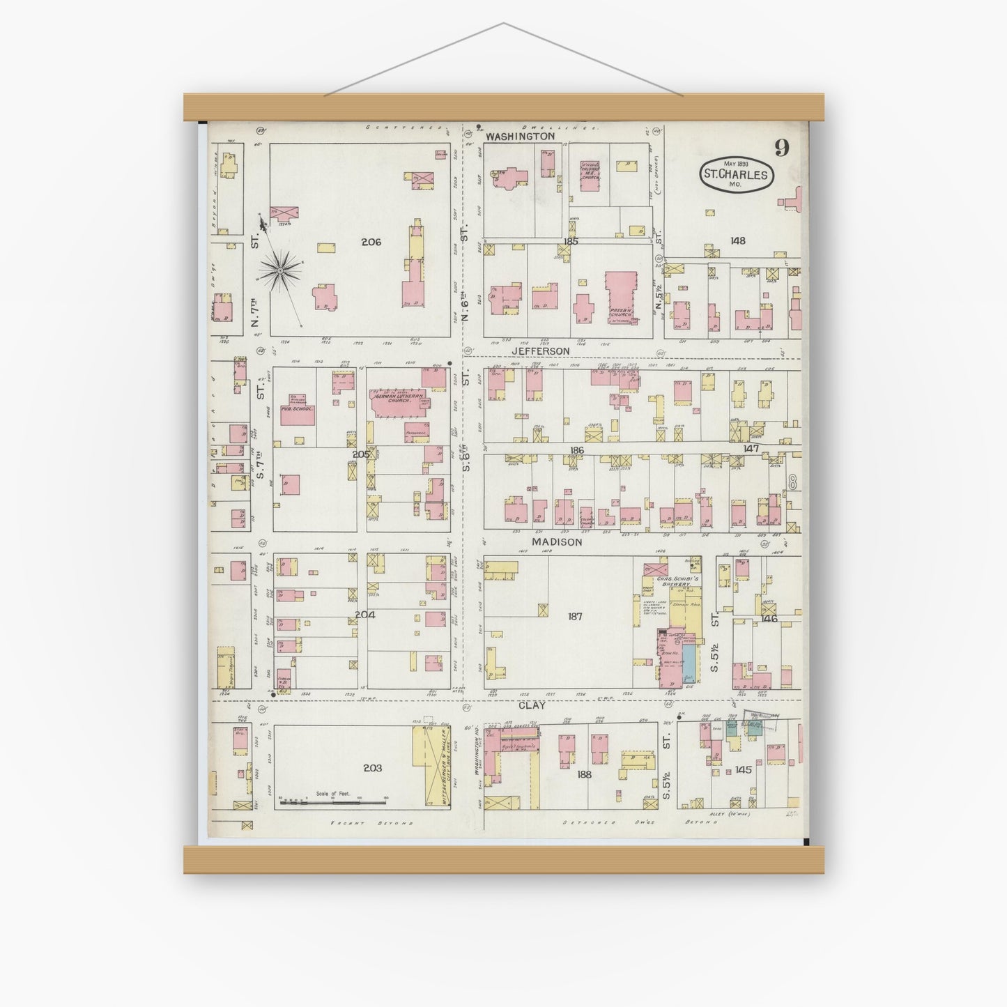 Old map wall art mockup — magnetic wood frame on white wall — Sanborn Fire Insurance Map from Saint Charles, Saint Charles County, Missouri (1893), Sheet #0009