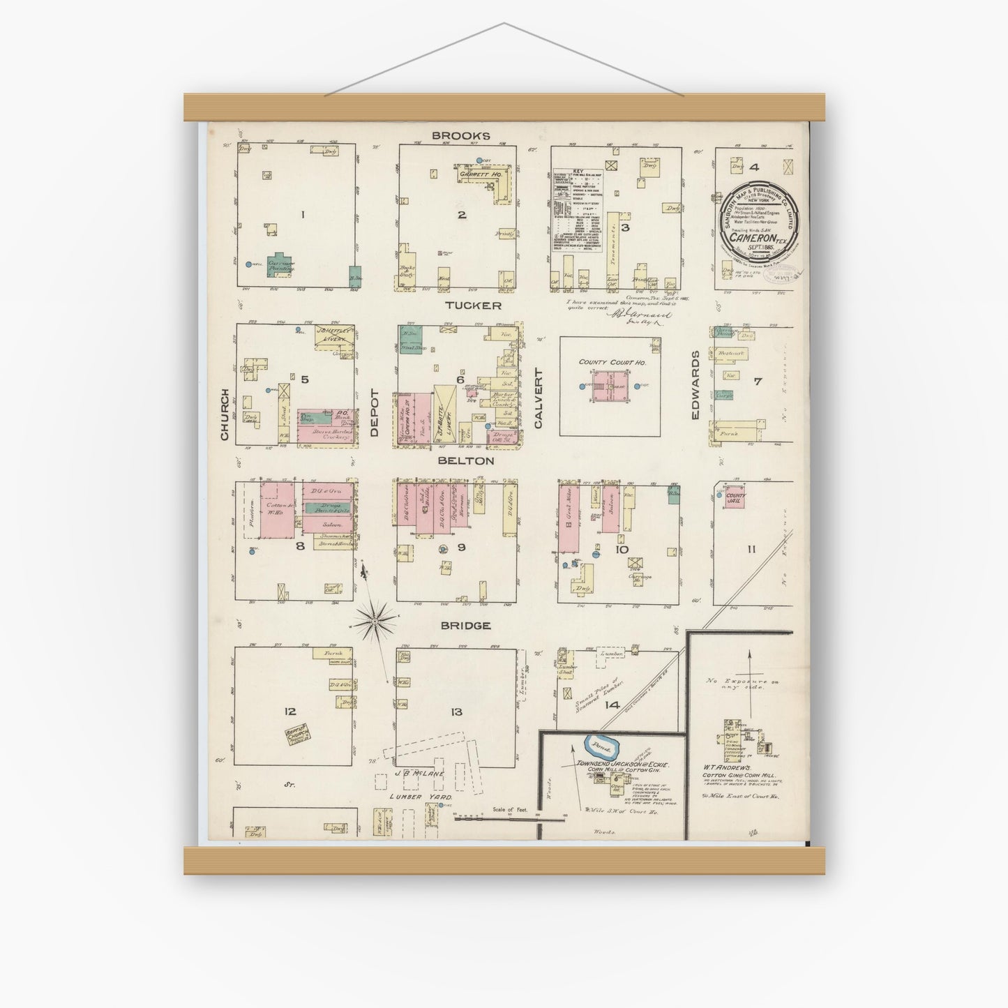 Old map wall art mockup — magnetic wood frame on white wall — Sanborn Fire Insurance Map from Cameron, Milam County, Texas (1885), Sheet #0001