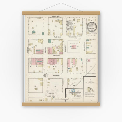 Old map wall art mockup — magnetic wood frame on white wall — Sanborn Fire Insurance Map from Cameron, Milam County, Texas (1885), Sheet #0001