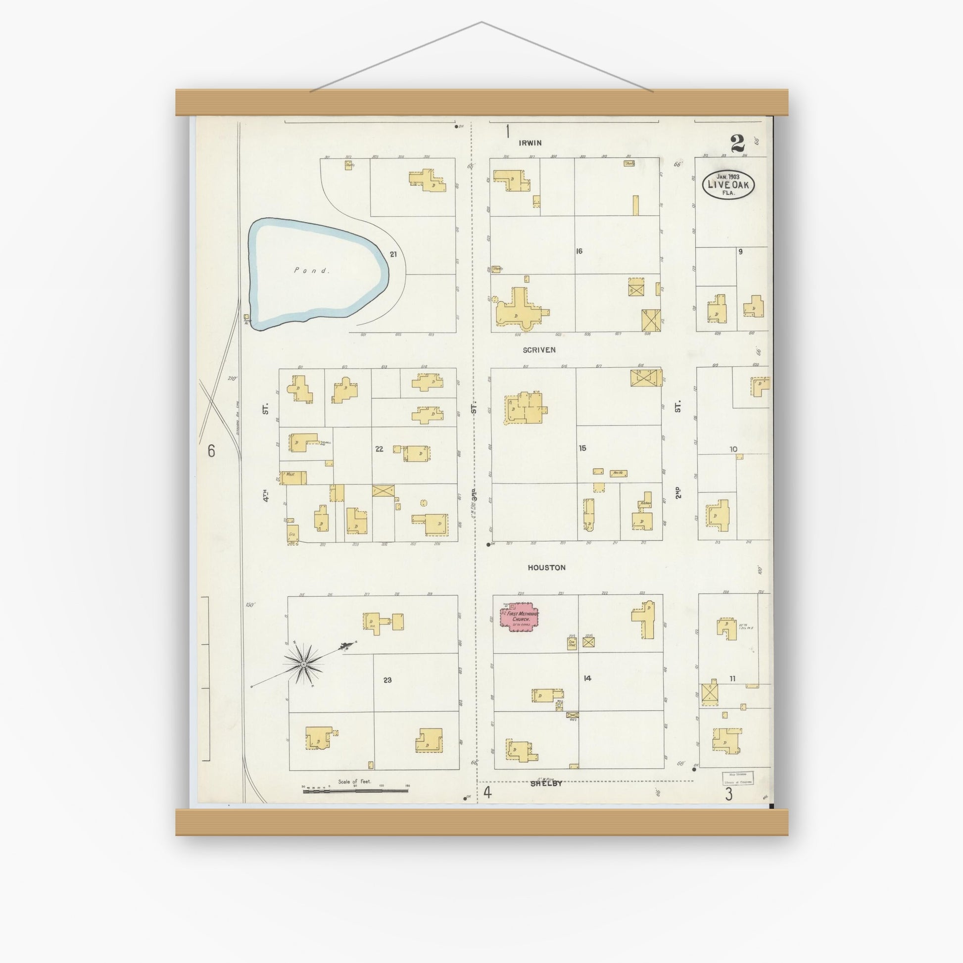 Old map wall art mockup — magnetic wood frame on white wall — Sanborn Fire Insurance Map from Live Oak, Suwanee County, Florida (1903), Sheet #0002
