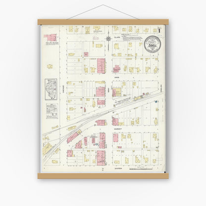 Old map wall art mockup — magnetic wood frame on white wall — Sanborn Fire Insurance Map from Sidell, Vermilion County, Illinois (1914), Sheet #0001