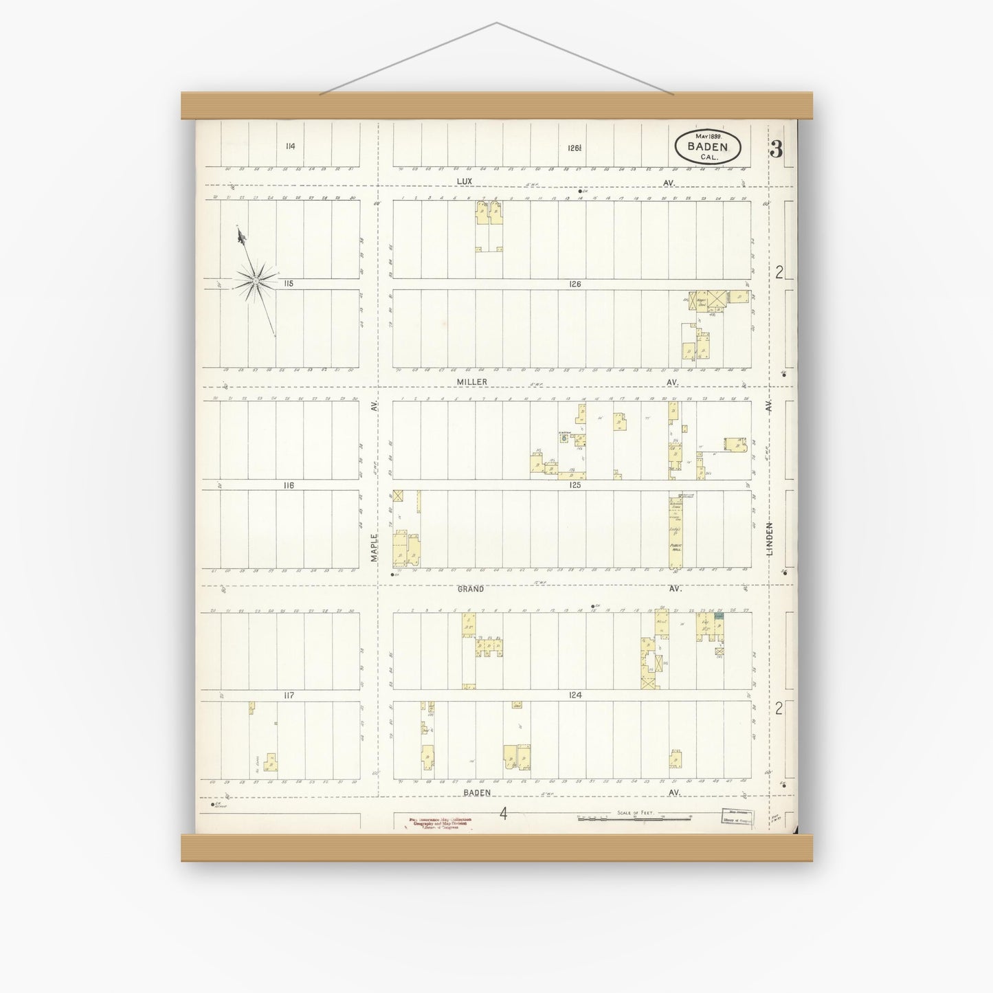 Old map wall art mockup — magnetic wood frame on white wall — Sanborn Fire Insurance Map from Baden, San Mateo County, California (1899), Sheet #0003