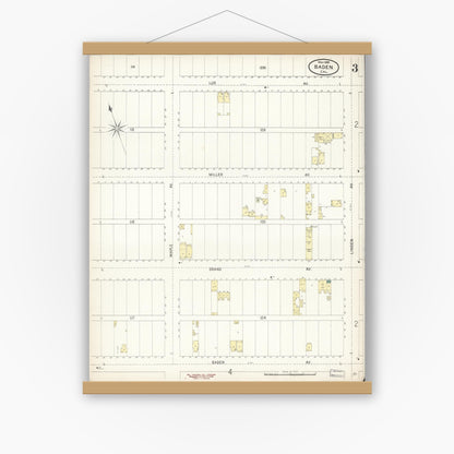 Old map wall art mockup — magnetic wood frame on white wall — Sanborn Fire Insurance Map from Baden, San Mateo County, California (1899), Sheet #0003