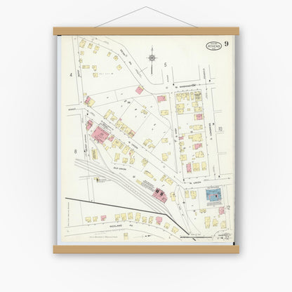 Old map wall art mockup — magnetic wood frame on white wall — Sanborn Fire Insurance Map from Athens, Athens County, Ohio (1914), Sheet #0009