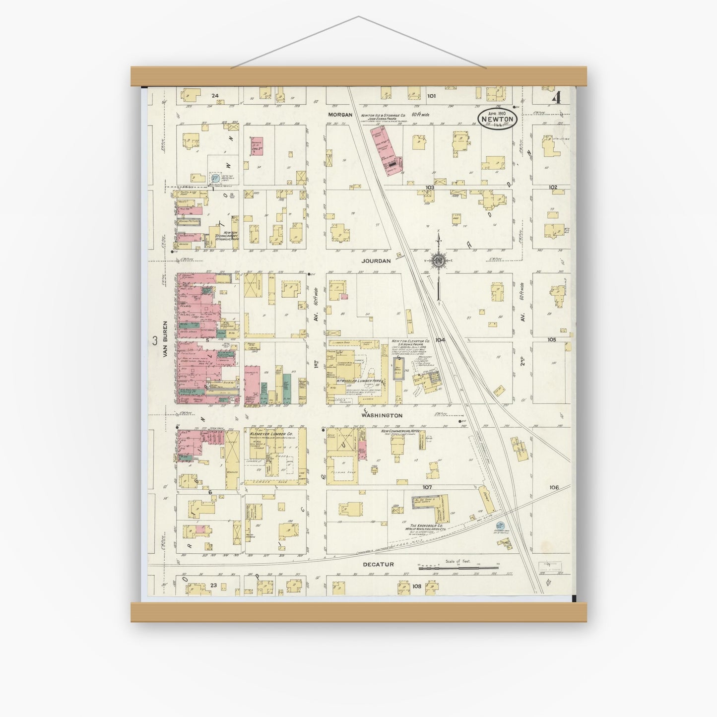 Old map wall art mockup — magnetic wood frame on white wall — Sanborn Fire Insurance Map from Newton, Jasper County, Illinois (1910), Sheet #0004