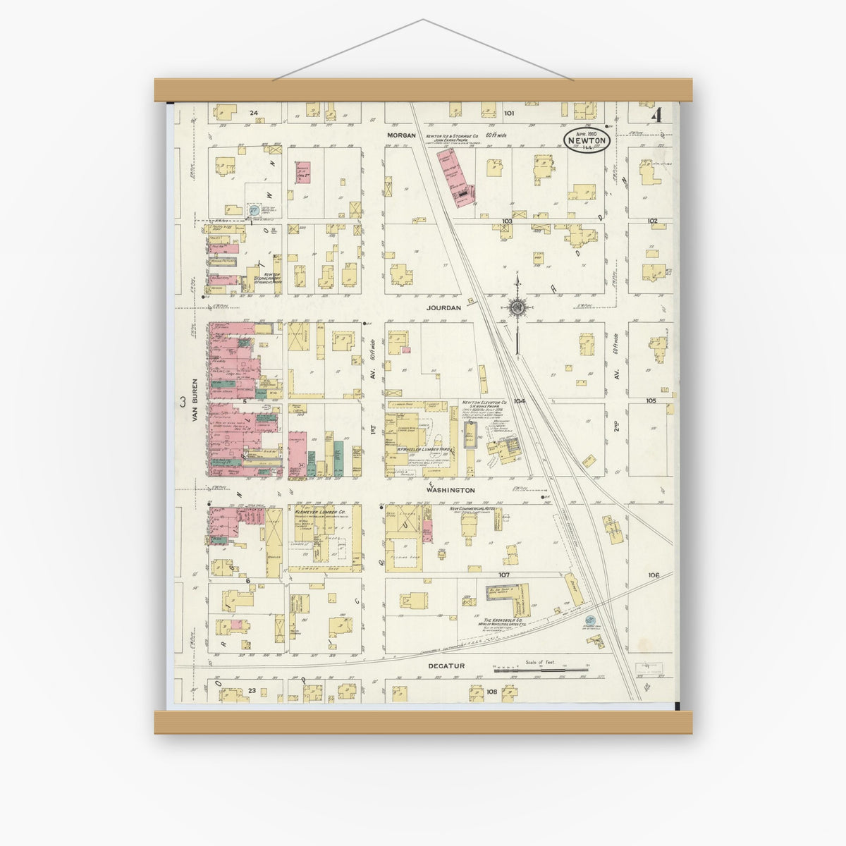 Old map wall art mockup — magnetic wood frame on white wall — Sanborn Fire Insurance Map from Newton, Jasper County, Illinois (1910), Sheet #0004