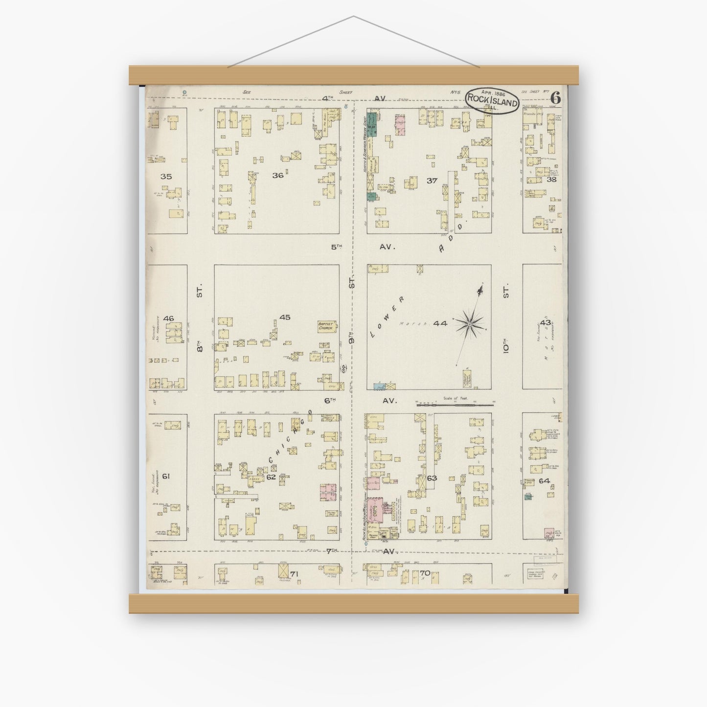 Old map wall art mockup — magnetic wood frame on white wall — Sanborn Fire Insurance Map from Rock Island, Rock Island County, Illinois (1886), Sheet #0006