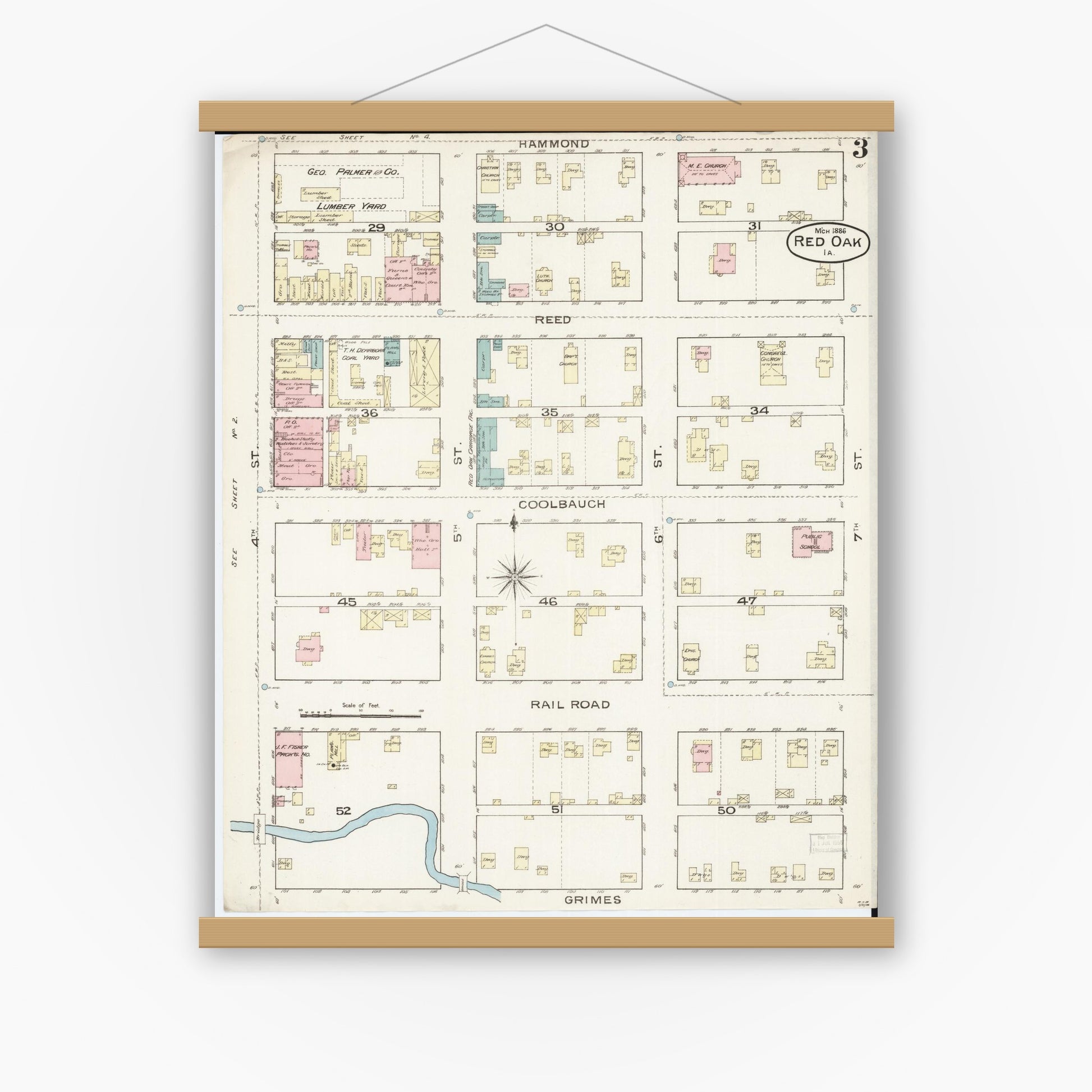Old map wall art mockup — magnetic wood frame on white wall — Sanborn Fire Insurance Map from Red Oak, Montgomery County, Iowa (1886), Sheet #0003