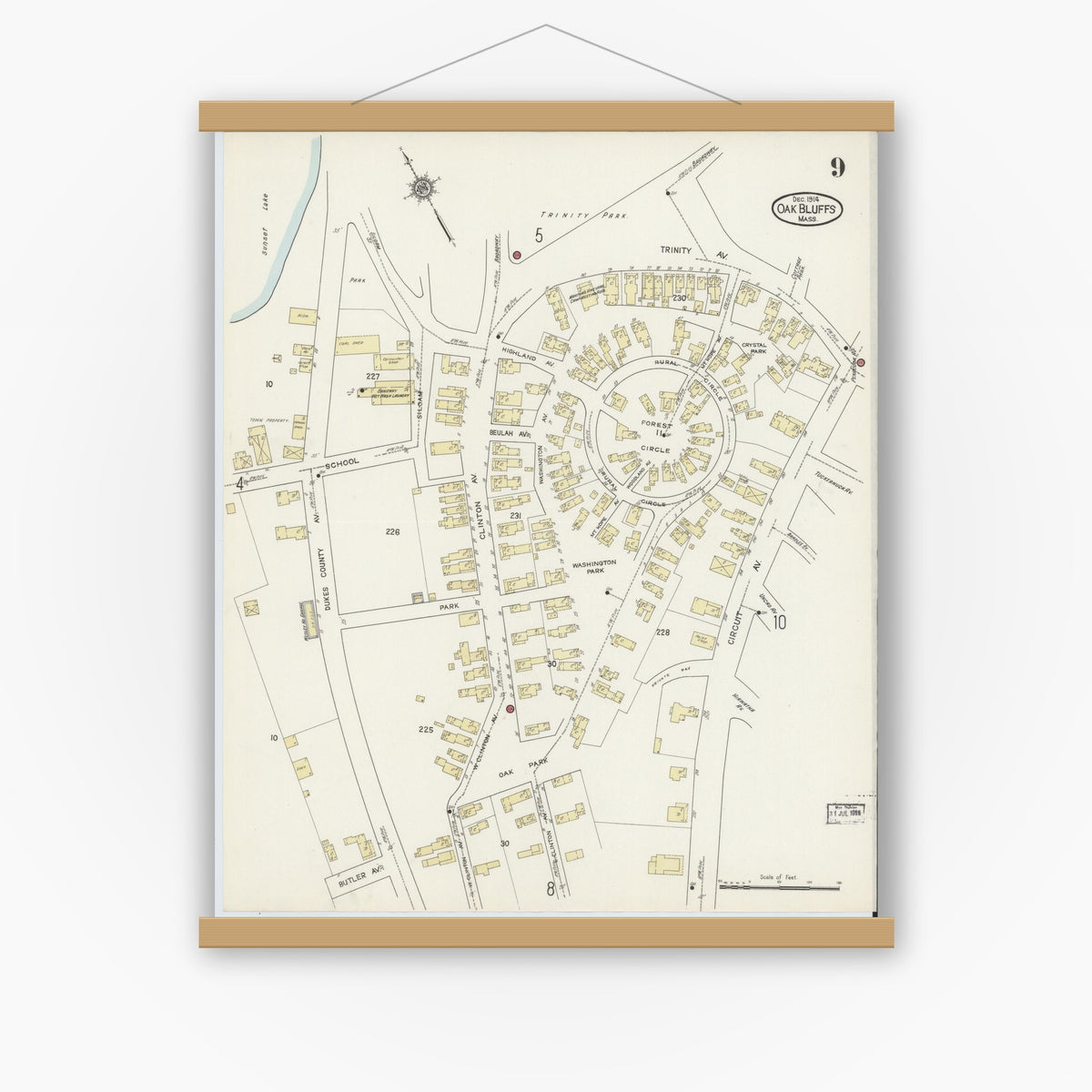 Old map wall art mockup — magnetic wood frame on white wall — Sanborn Fire Insurance Map from Oak Bluffs, Dukes County, Massachusetts (1914), Sheet #0009