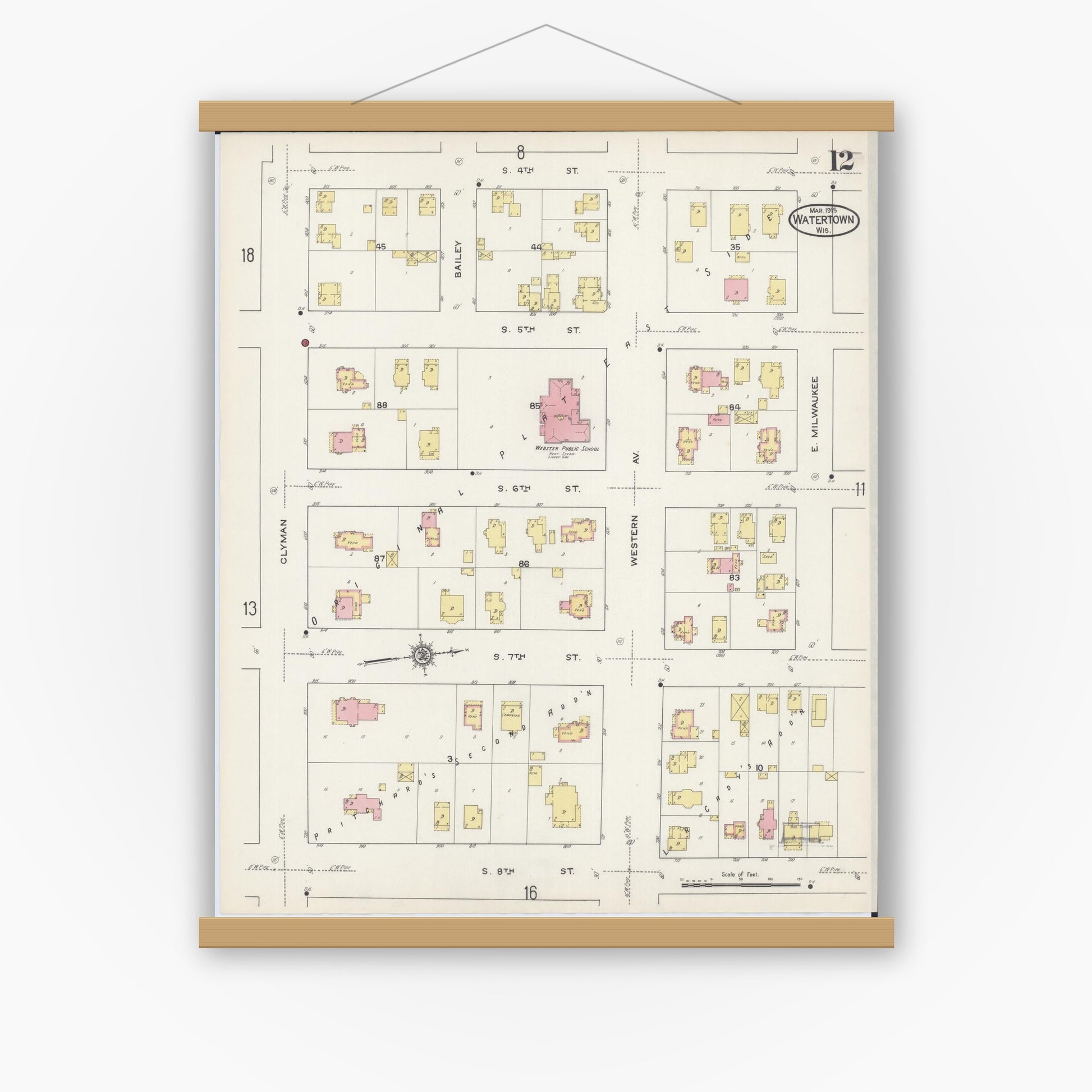 Old map wall art mockup — magnetic wood frame on white wall — Sanborn Fire Insurance Map from Watertown, Jefferson County, Wisconsin (1915), Sheet #0013