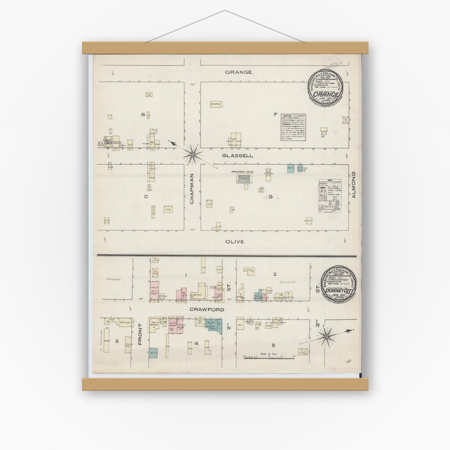Old map wall art mockup — magnetic wood frame on white wall — Sanborn Fire Insurance Map from Orange, Orange County, California (1885), Sheet #0001