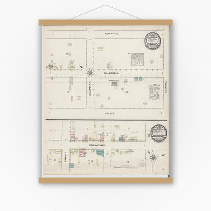 Old map wall art mockup — magnetic wood frame on white wall — Sanborn Fire Insurance Map from Orange, Orange County, California (1885), Sheet #0001