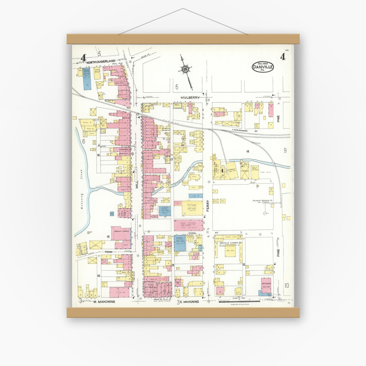 Old map wall art mockup — magnetic wood frame on white wall — Sanborn Fire Insurance Map from Danville, Montour County, Pennsylvania (1923), Sheet #0004