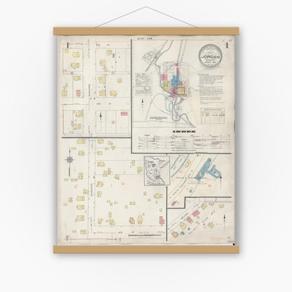 Old map wall art mockup — magnetic wood frame on white wall — Sanborn Fire Insurance Map from Jordan, Scott County, Minnesota (1933), Sheet #0001