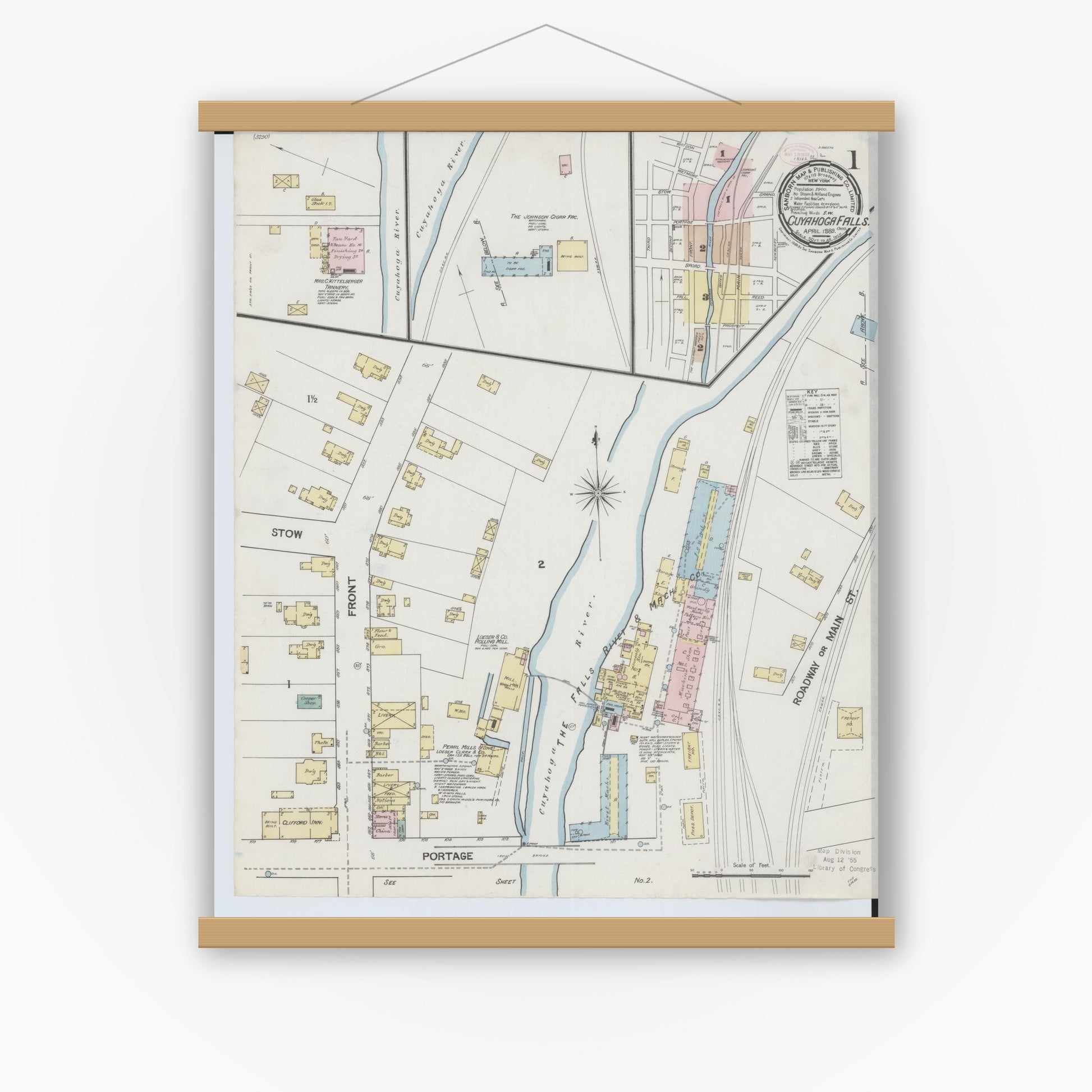 Old map wall art mockup — magnetic wood frame on white wall — Sanborn Fire Insurance Map from Cuyahoga Falls, Summit County, Ohio (1889), Sheet #0001