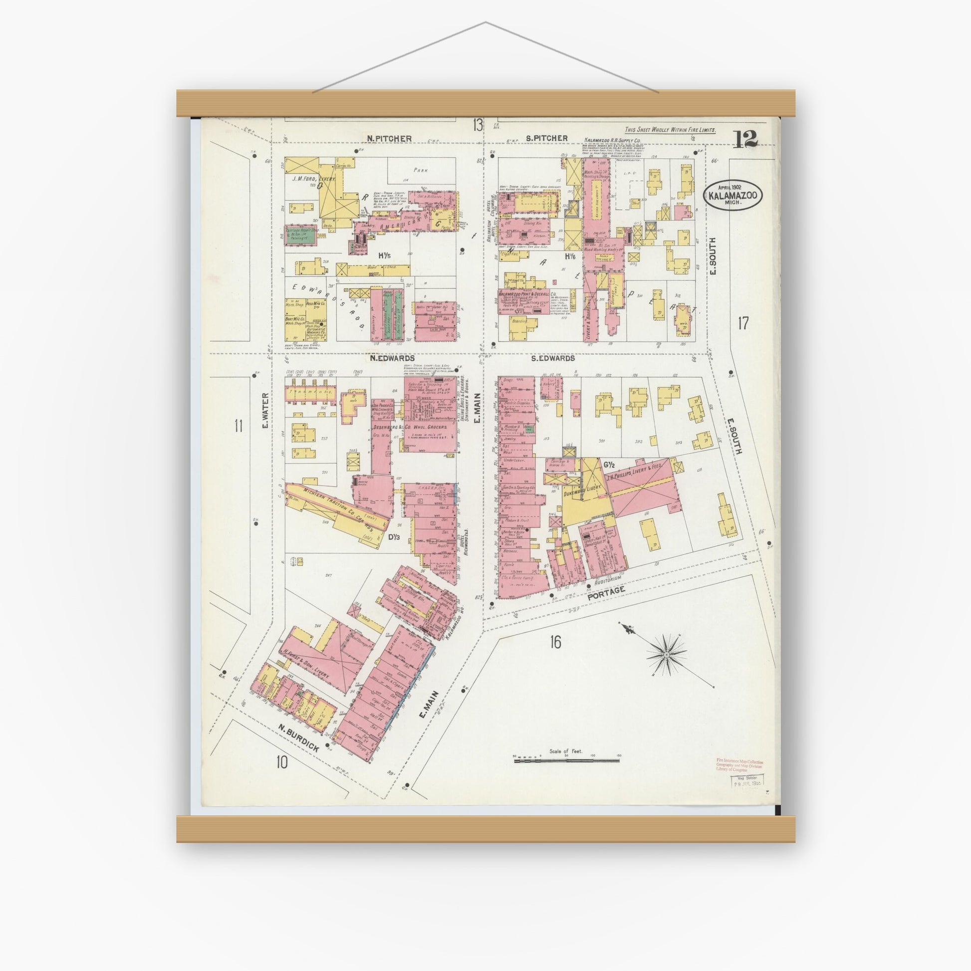 Old map wall art mockup — magnetic wood frame on white wall — Sanborn Fire Insurance Map from Kalamazoo, Kalamazoo County, Michigan (1902), Sheet #0012