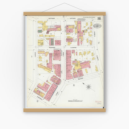 Old map wall art mockup — magnetic wood frame on white wall — Sanborn Fire Insurance Map from Kalamazoo, Kalamazoo County, Michigan (1902), Sheet #0012