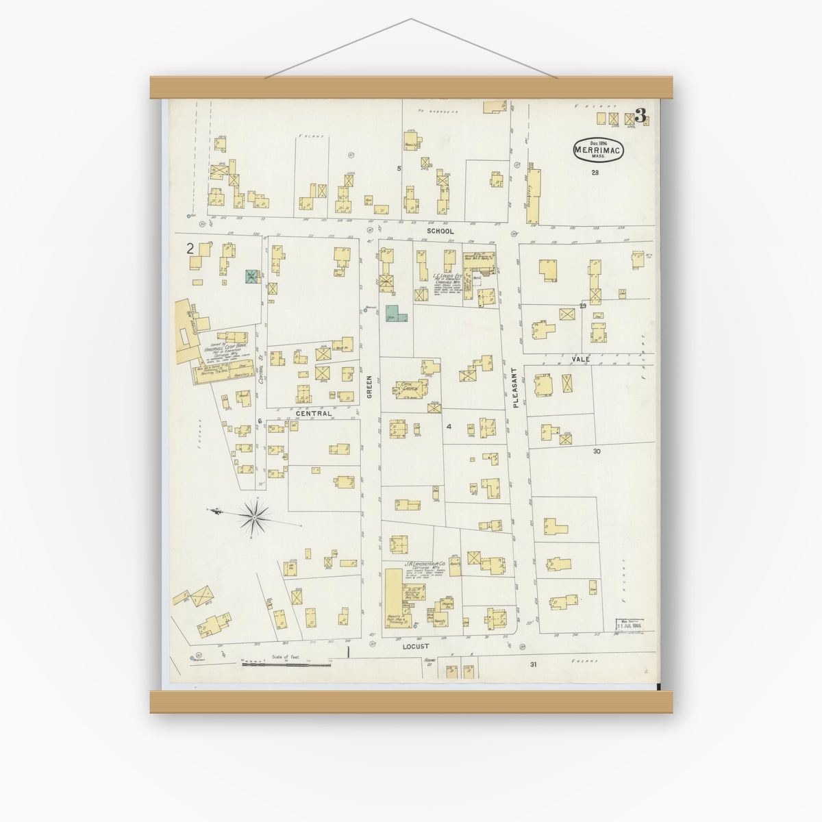 Old map wall art mockup — magnetic wood frame on white wall — Sanborn Fire Insurance Map from Merrimac, Essex County, Massachusetts (1896), Sheet #0003