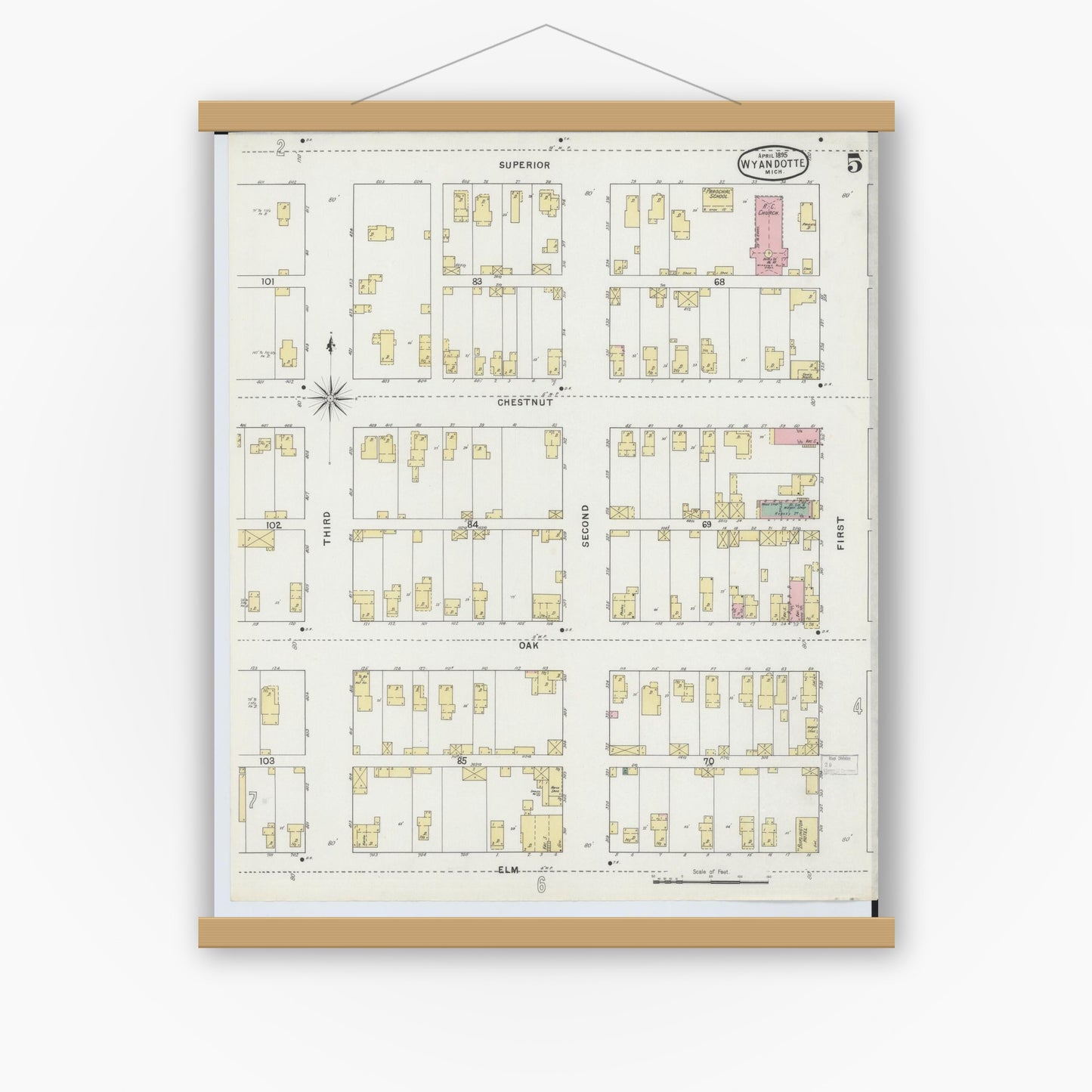Old map wall art mockup — magnetic wood frame on white wall — Sanborn Fire Insurance Map from Wyandotte, Wayne County, Michigan (1895), Sheet #0005
