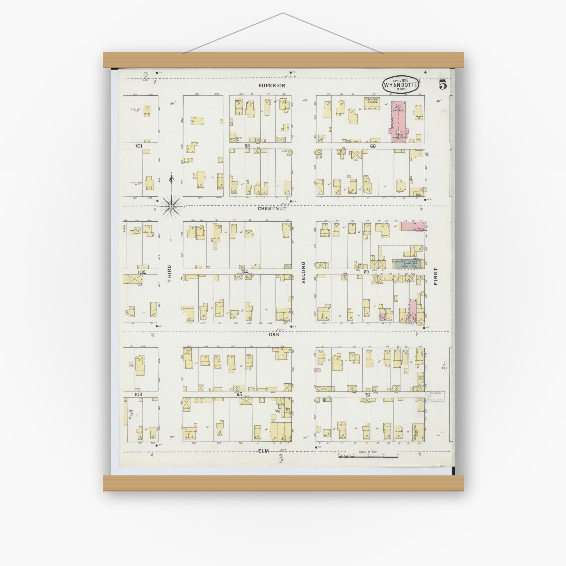Old map wall art mockup — magnetic wood frame on white wall — Sanborn Fire Insurance Map from Wyandotte, Wayne County, Michigan (1895), Sheet #0005