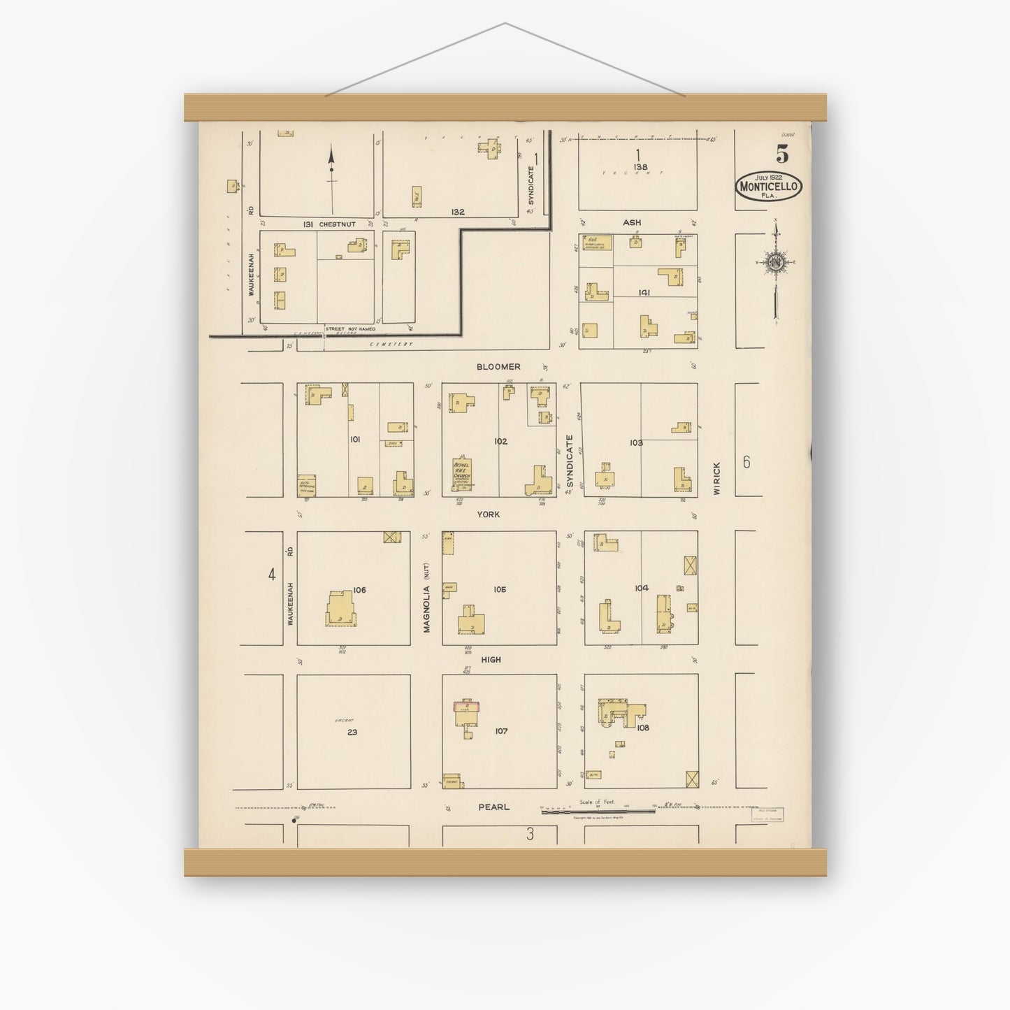 Old map wall art mockup — magnetic wood frame on white wall — Sanborn Fire Insurance Map from Monticello, Jefferson County, Florida (1922), Sheet #0005
