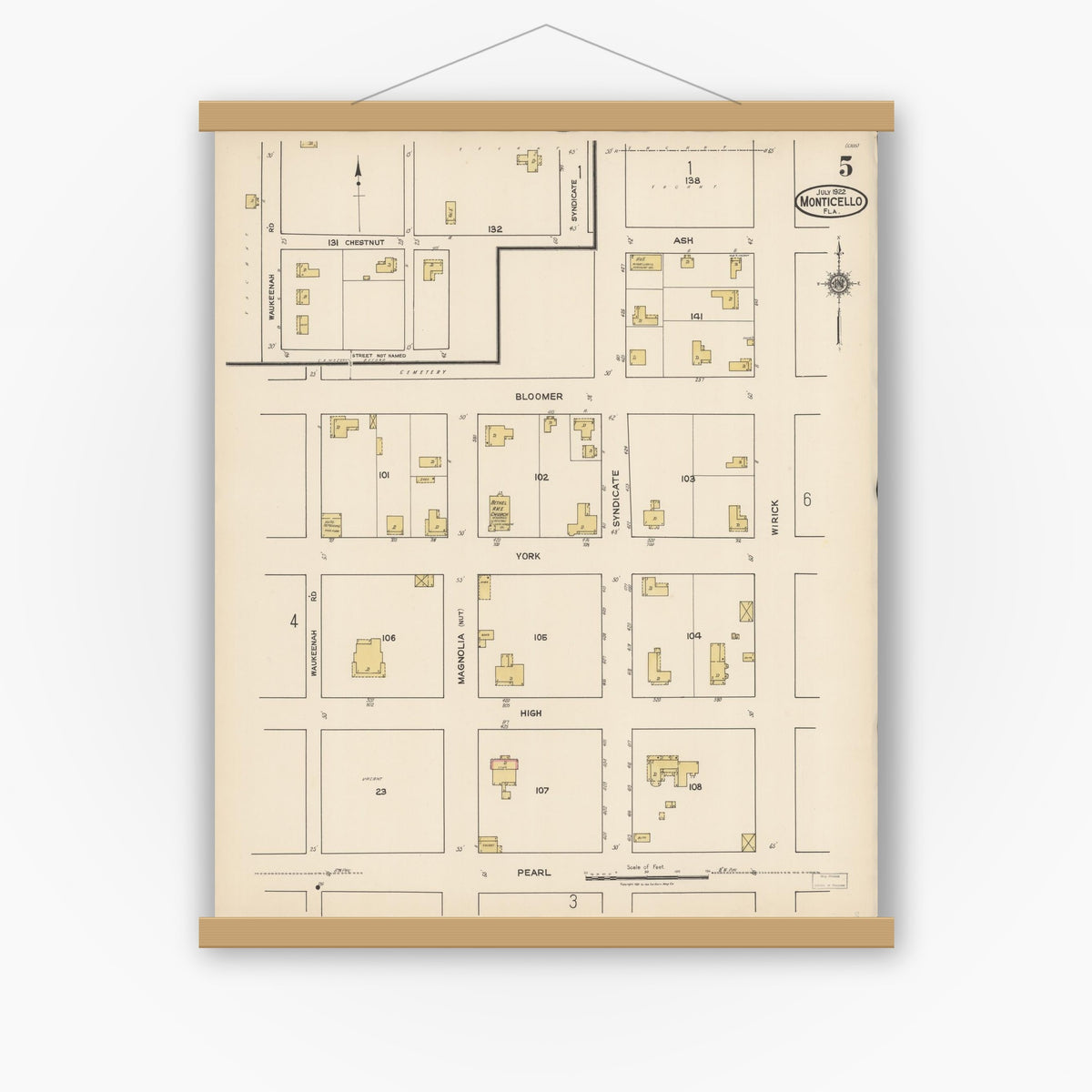 Old map wall art mockup — magnetic wood frame on white wall — Sanborn Fire Insurance Map from Monticello, Jefferson County, Florida (1922), Sheet #0005
