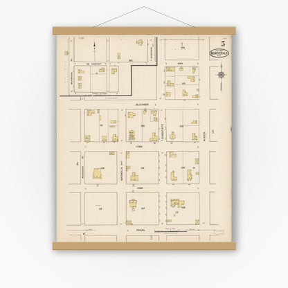 Old map wall art mockup — magnetic wood frame on white wall — Sanborn Fire Insurance Map from Monticello, Jefferson County, Florida (1922), Sheet #0005