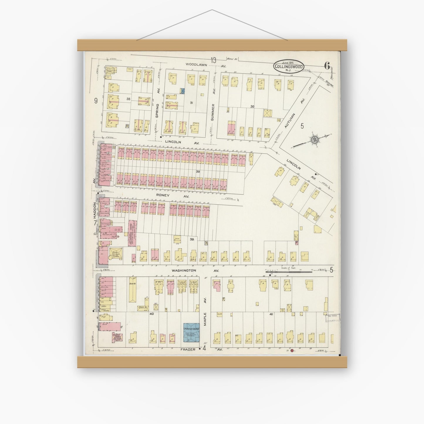 Old map wall art mockup — magnetic wood frame on white wall — Sanborn Fire Insurance Map from Collingswood, Camden County, New Jersey (1915), Sheet #0006