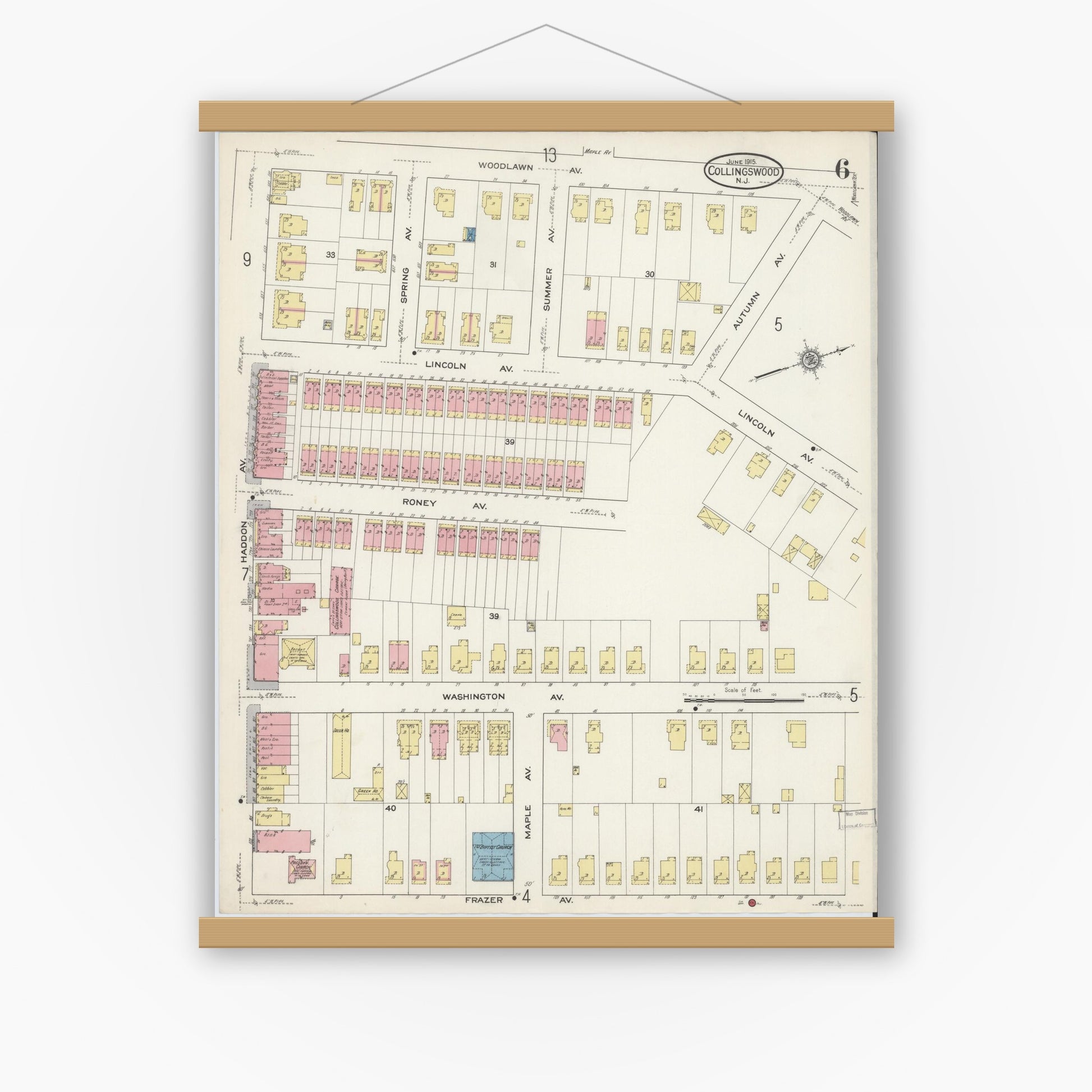 Old map wall art mockup — magnetic wood frame on white wall — Sanborn Fire Insurance Map from Collingswood, Camden County, New Jersey (1915), Sheet #0006