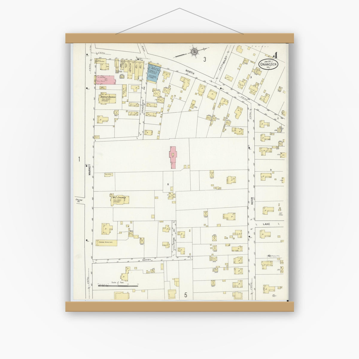 Old map wall art mockup — magnetic wood frame on white wall — Sanborn Fire Insurance Map from Onancock, Accomack County, Virginia (1912), Sheet #0004