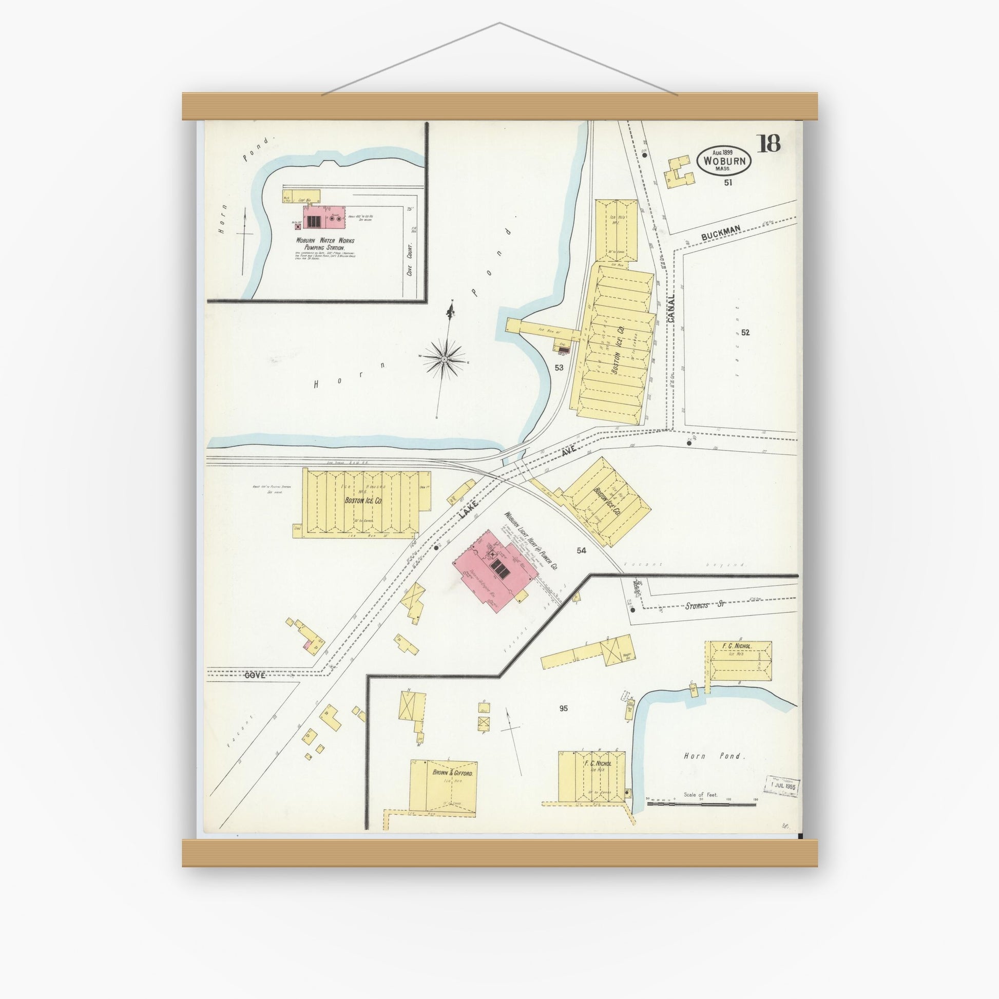 Old map wall art mockup — magnetic wood frame on white wall — Sanborn Fire Insurance Map from Woburn, Middlesex County, Massachusetts (1899), Sheet #0018