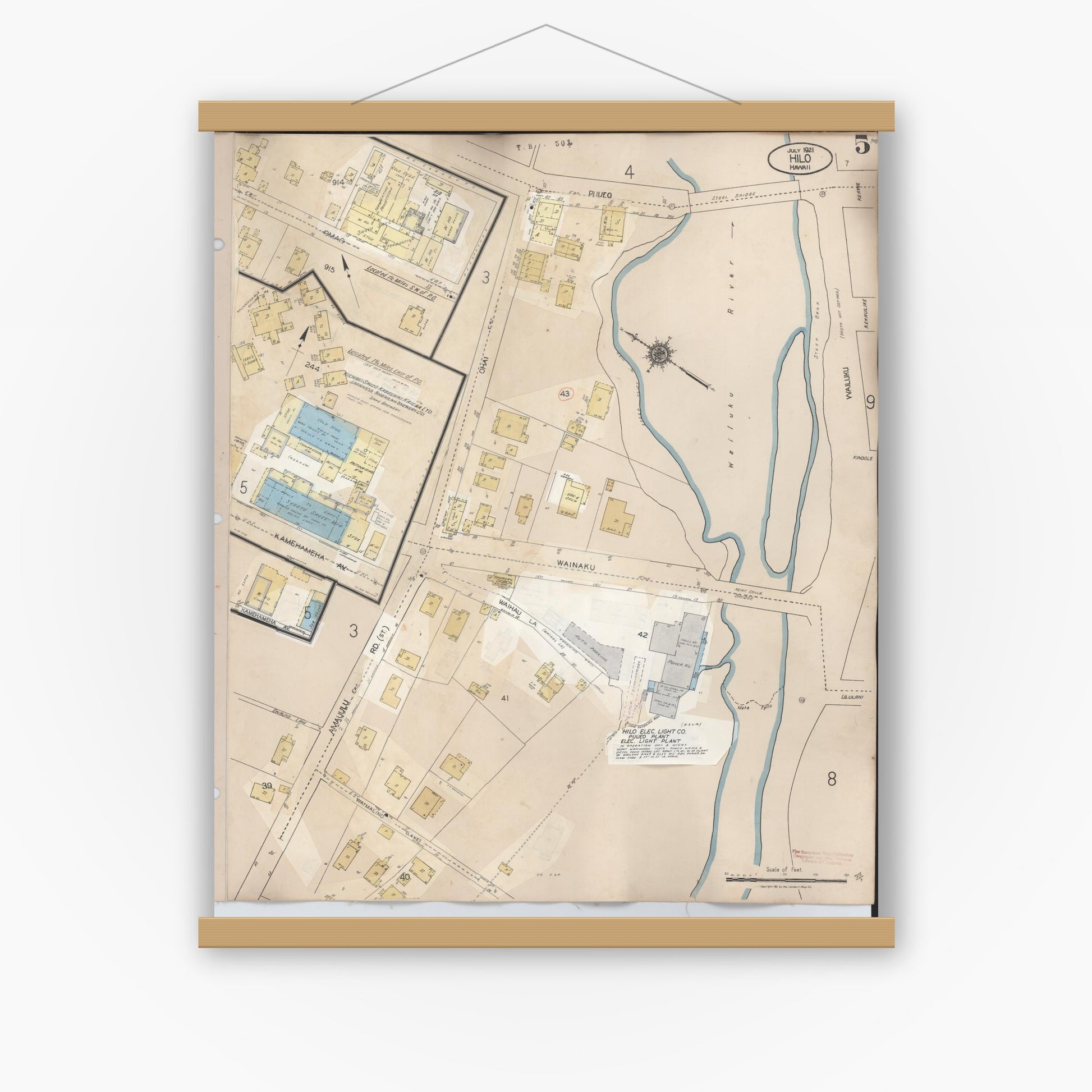 Old map wall art mockup — magnetic wood frame on white wall — Sanborn Fire Insurance Map from Hilo, Hawaii County, Hawaii (1957), Sheet #0005