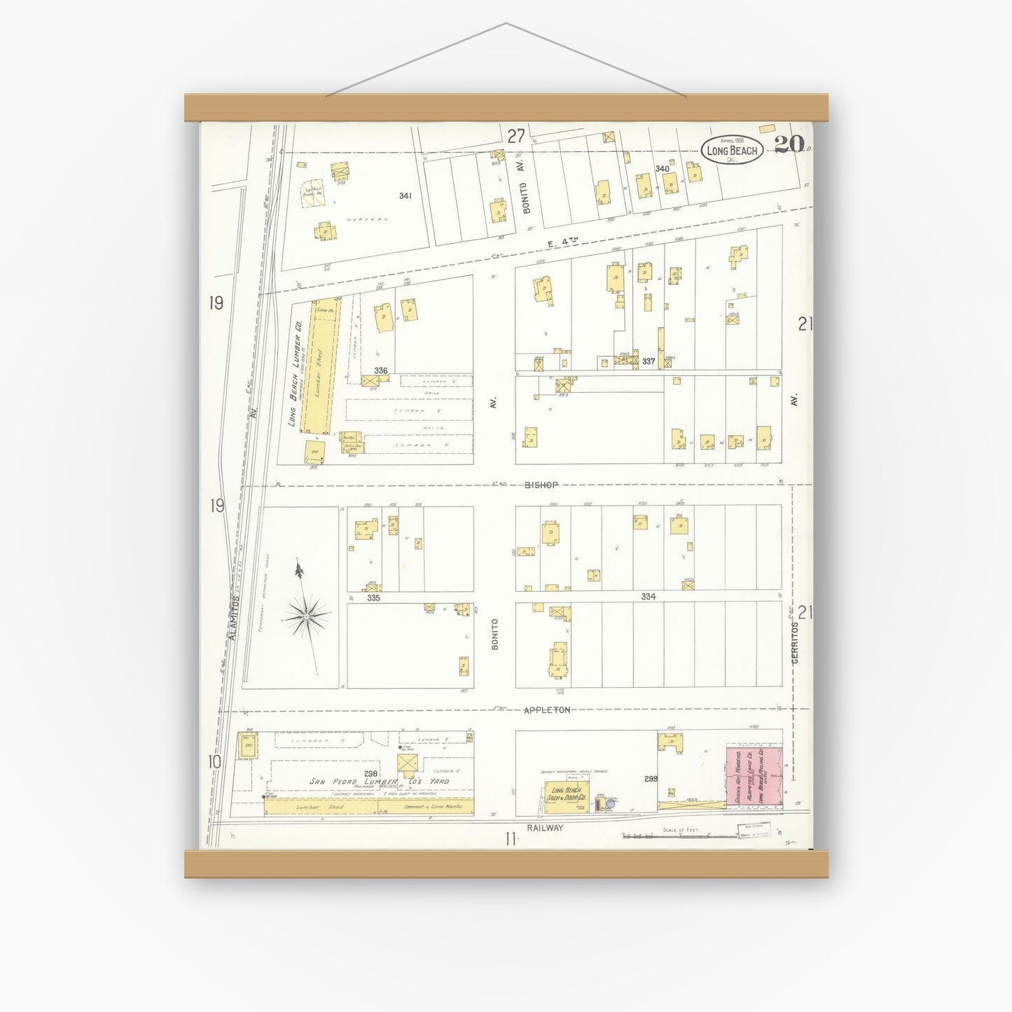 Old map wall art mockup — magnetic wood frame on white wall — Sanborn Fire Insurance Map from Long Beach, Los Angeles County, California (1905), Sheet #0020