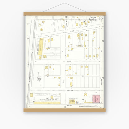 Old map wall art mockup — magnetic wood frame on white wall — Sanborn Fire Insurance Map from Long Beach, Los Angeles County, California (1905), Sheet #0020